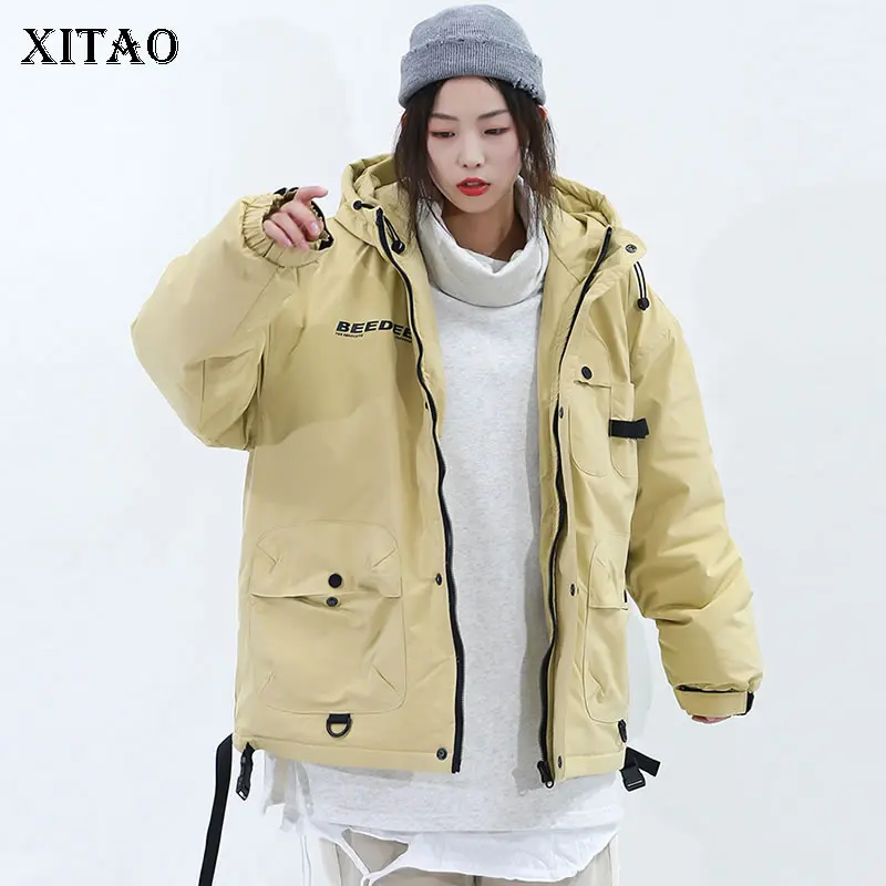 XITAO/уплотненная парка с буквенным принтом, женская одежда, модное пальто с капюшоном и карманами, большие размеры, новинка ZLL4434 - Цвет: yellow  ZLL4434