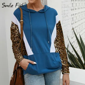 

Leopard Printed Sleeve 2019 Femme Fashion Pocket Patchwork Sweatshirt Hoodies Women Casual Autumn Winter Hooded Streetwear GV347