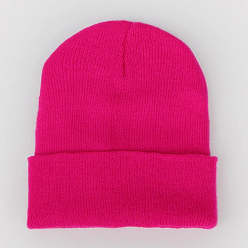 Женские Простые зимние шапочки теплые вязаные шапки для женщин и мужчин мягкие манжеты Skullies неоновый зеленый оранжевый желтый серый фиолетовый бежевый - Цвет: hot pink