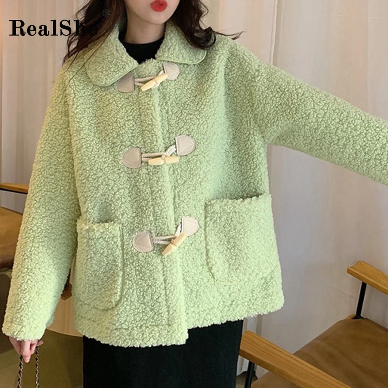 RealShe Женская куртка с отворотом, длинным рукавом, карманами, пуговицами, шерстяные пальто и куртки для женщин, Весенняя Повседневная элегантная однотонная шерстяная куртка для женщин