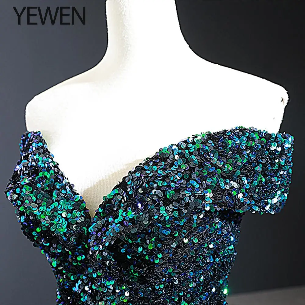Зеленое вечернее платье с блестками, вечерние платья, с открытыми плечами, с v-образным вырезом, официальное вечернее платье, длинное vestidos de fiesta YeWen