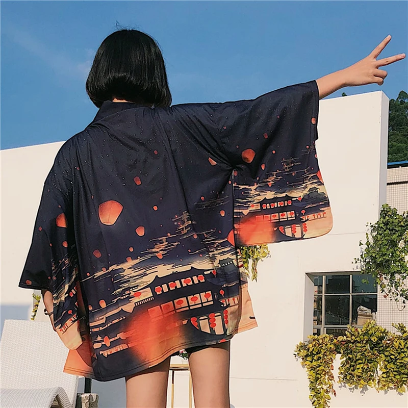Kimonos Женский рукав семь четверти японский кимоно кардиган косплей рубашка блузка японская юката женский кимоно косплей SL1300