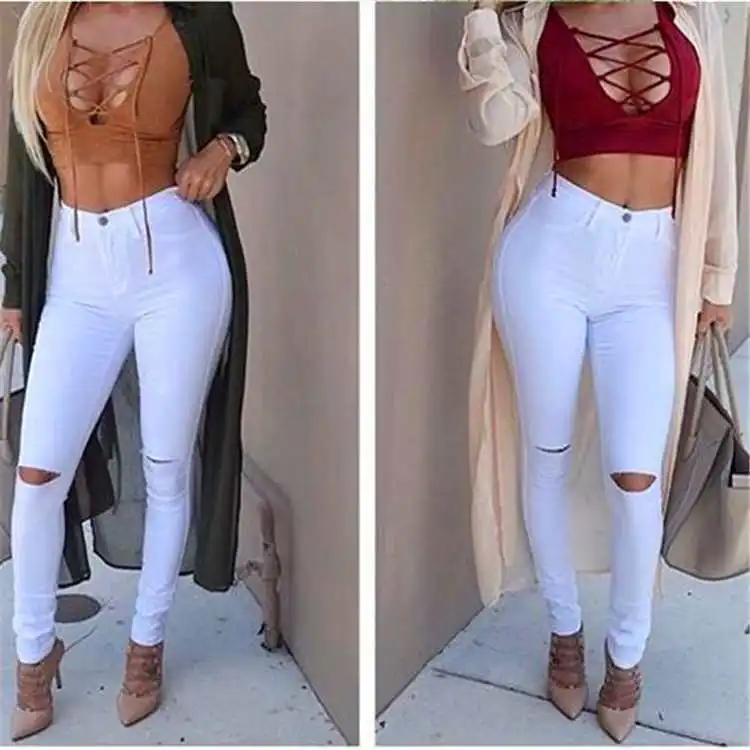 

2020 Autumn and Summer Korean Style Hot Selling New Slim Bag Hip Knee Holes Pencil Jeans Skinny Pants ripped jeans for women