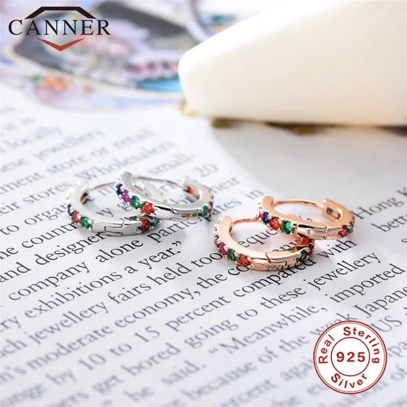 

925 Sterling Silver Geometric Circle Gold Silver Rose Gold Hoop Earrings for Women Simple Single Rainbow Zircon Round Earrings