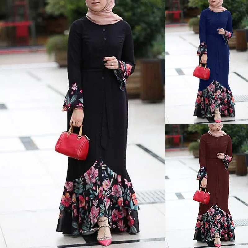 

KALENMOS Autumn 5XL Large Size New Muslim Robes Ethnic Style Stitching Flower Print Loose Long Dress Long Sleeve Loose Robes