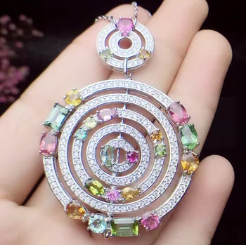 

Per jewelry Natural real tourmaline luxury style big necklace pendant Free shipping 925 sterling silver #R99506