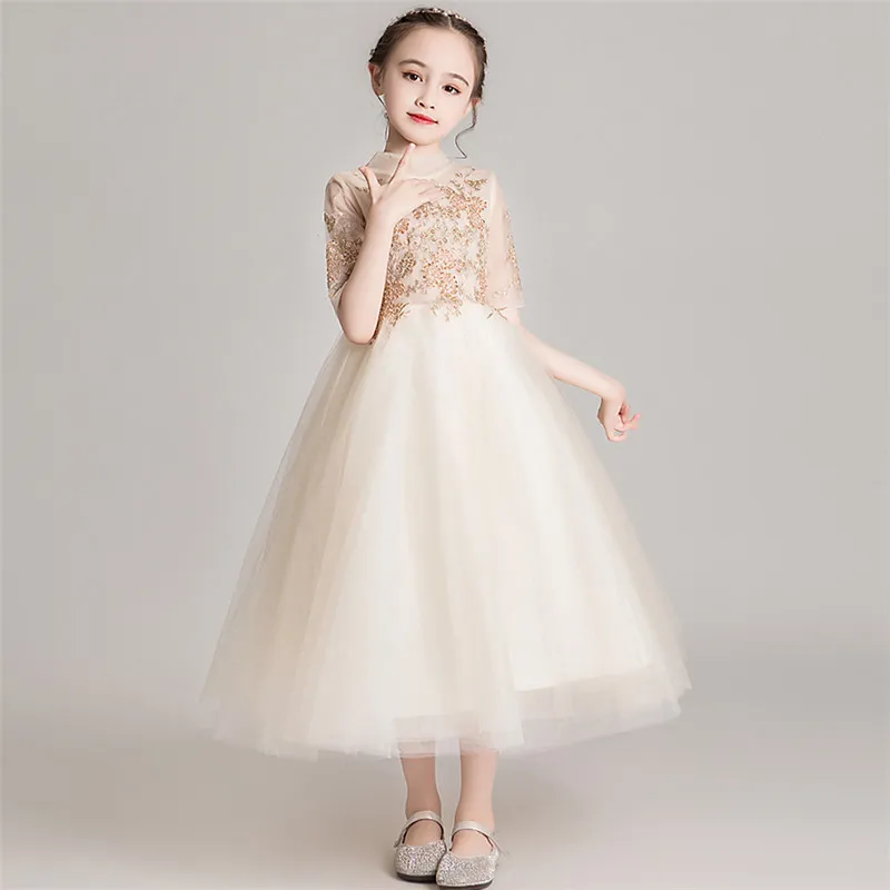 champagne dress Модельные костюмы для выступлений на подиуме; Пышное длинное платье принцессы; детское кружевное платье на день рождения для девочек; одежда - Цвет: champagne dress