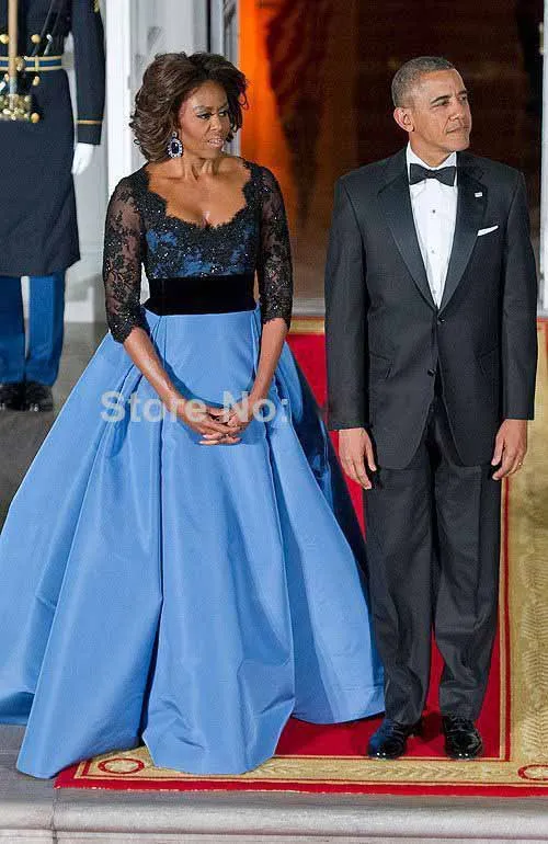 

Michelle Obama Celebrity Dresses Scoop Neck Black Lace Appliqued Half Sleeve Satin Evening Gown Floor Length Party Dresses