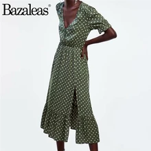 Bazaleas Винтаж зеленый Женский Печатный принт летнее платье с v-образным вырезом Драпированные пуговицы длинное платье повседневное Сплит vestidos Прямая