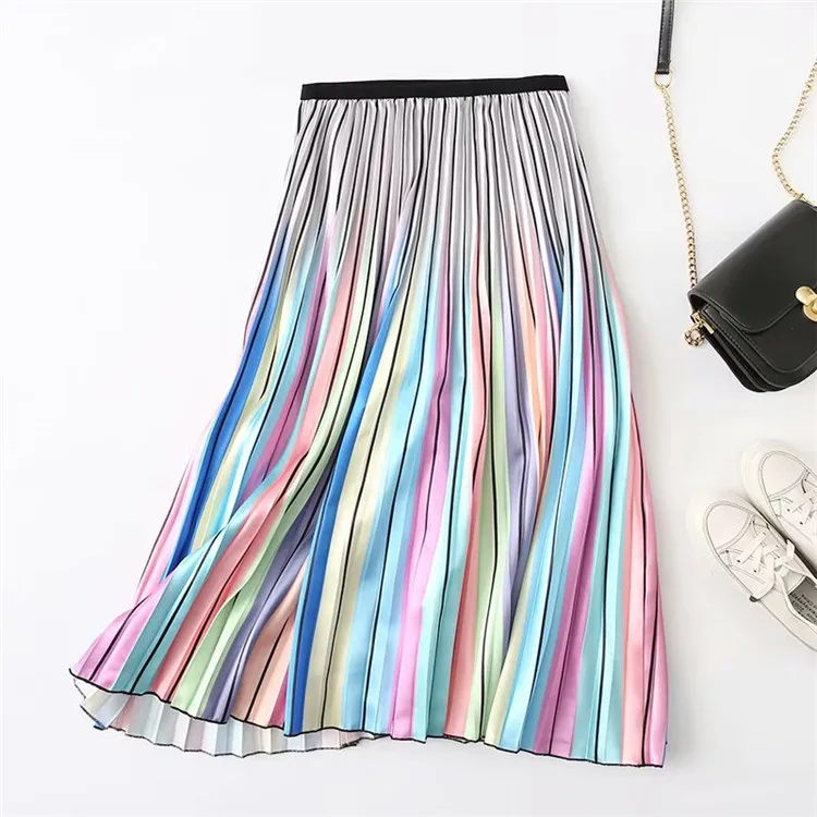 

0098-0730 Europe And America High-waisted Multi-color Stripe Pleated Long Skirts