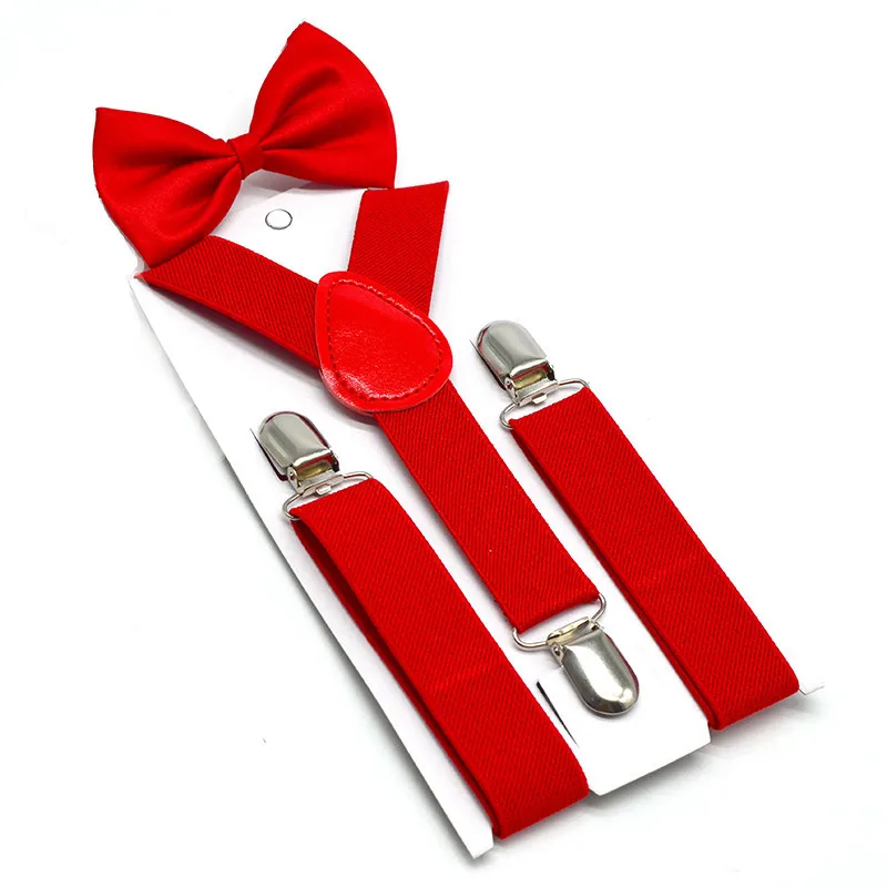 Универсальный Одноцветный комплект из 3 предметов для мальчиков и девочек, комплект из 3 зажимов с круглым вырезом на спине, Детские подтяжки+ галстук бабочка, комплект из двух предметов для малышей - Цвет: Красный