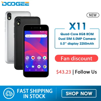 

DOOGEE X11 Mobile Phone Dual SIM 5.0inch Display Quad Core 1GB RAM 8GB ROM Android 8.1 WCDMA 2250mAh cellphone 5.0MP Camera