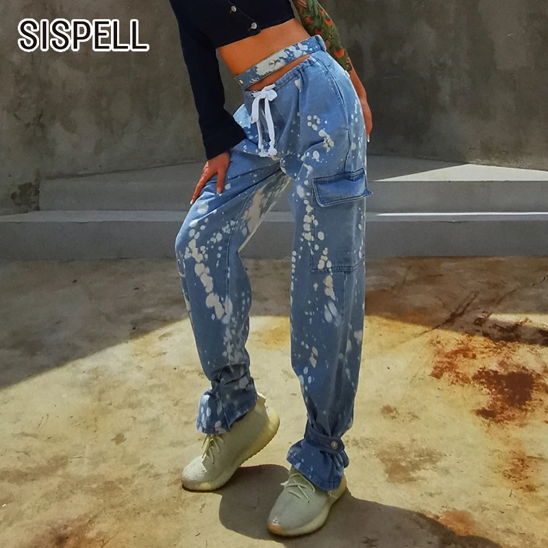 

SISPELL Hit Color Hollow Out For Female Straight Denim Trousers High Waist Lace Up Adjustable Legs Women's Pants 2020 Fashion