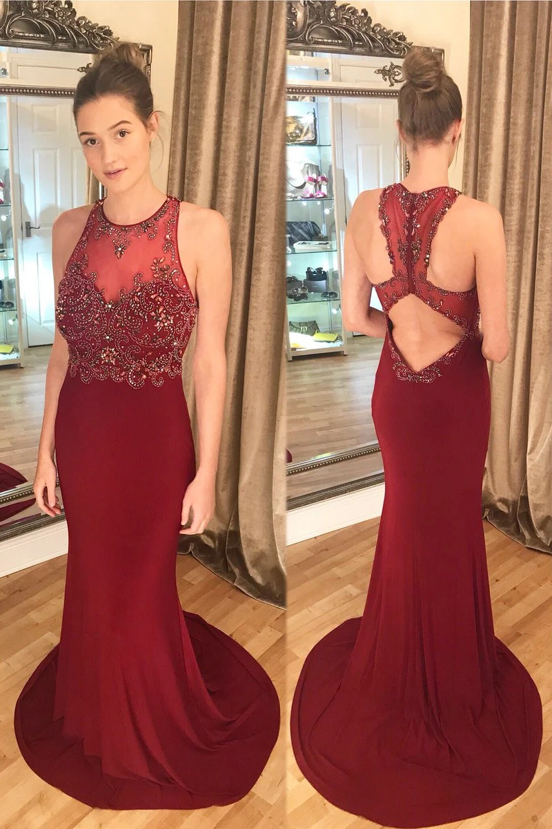 

Deep Red Beads Tops Spadex Mermaid Evening Dress