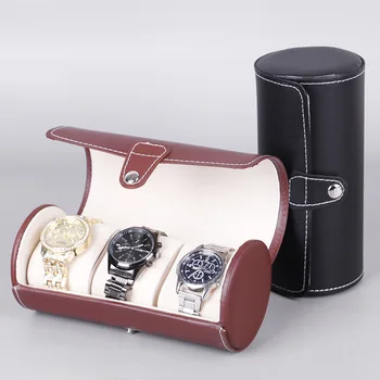 

3 Grid Cylinder Shape PU Leather Watches Packing Boxes Brown Black Color Wristwatches Display Case Portable Storage Box