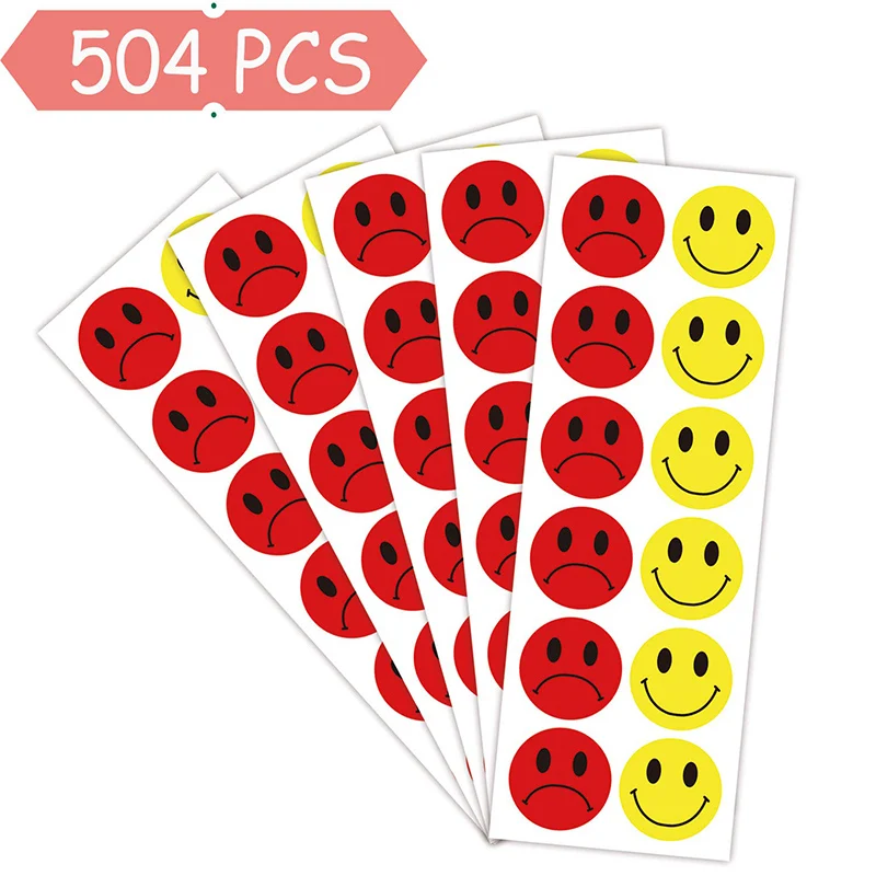 

Yellow Smiley Happy Sticker Red Teacher Sad Sticker 1.5inch Stationery Sticker Round 504 Labels per Roll