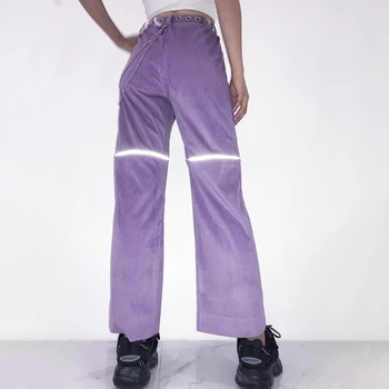 

Reflective Metal Chain Patchwork Pants Women Purple High Waist Straight Trousers Elastic Waist Casual Female