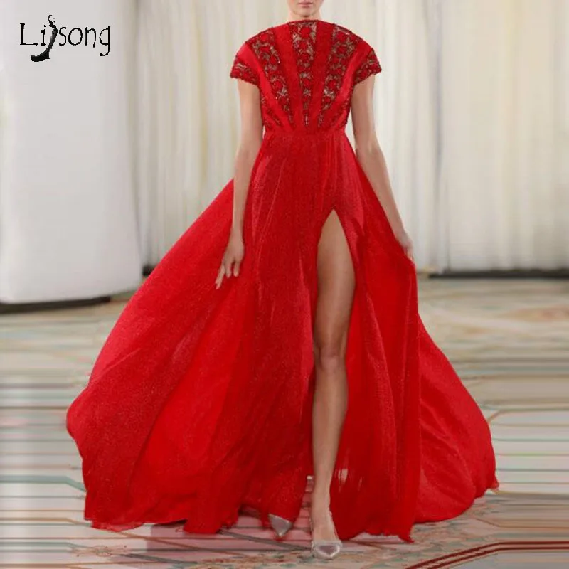 

Red Sexy High Slit Evening Party Dresses Strapless Short Sleeves Appliques Red Carpet Celebrity Prom Party Gowns for Women Wear
