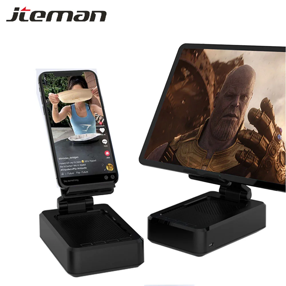 Altavoz Bluetooth con soporte para teléfono, soporte inalámbrico de Sonido envolvente estéreo, ajustable para escritorio