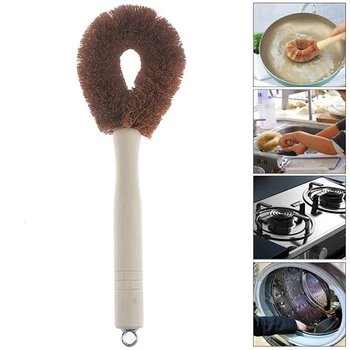 

1pc Natural Coconut Fiber Brown Non-stick Oil Long Handle Pot Brush Dish Washing Oil Cleaning Brush Can Hang Type Brush