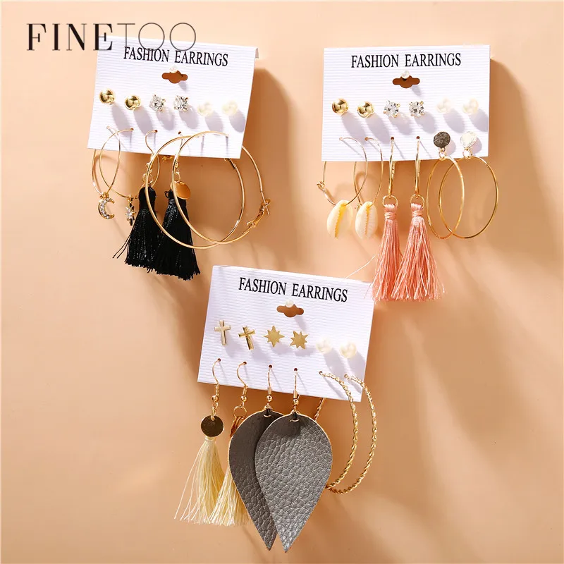 

Bohemian Mixed Geometric Circle Hoop Tassel Earring Set Fashion Cross Star Moon Crystal Stud Earrings for Women Pendientes