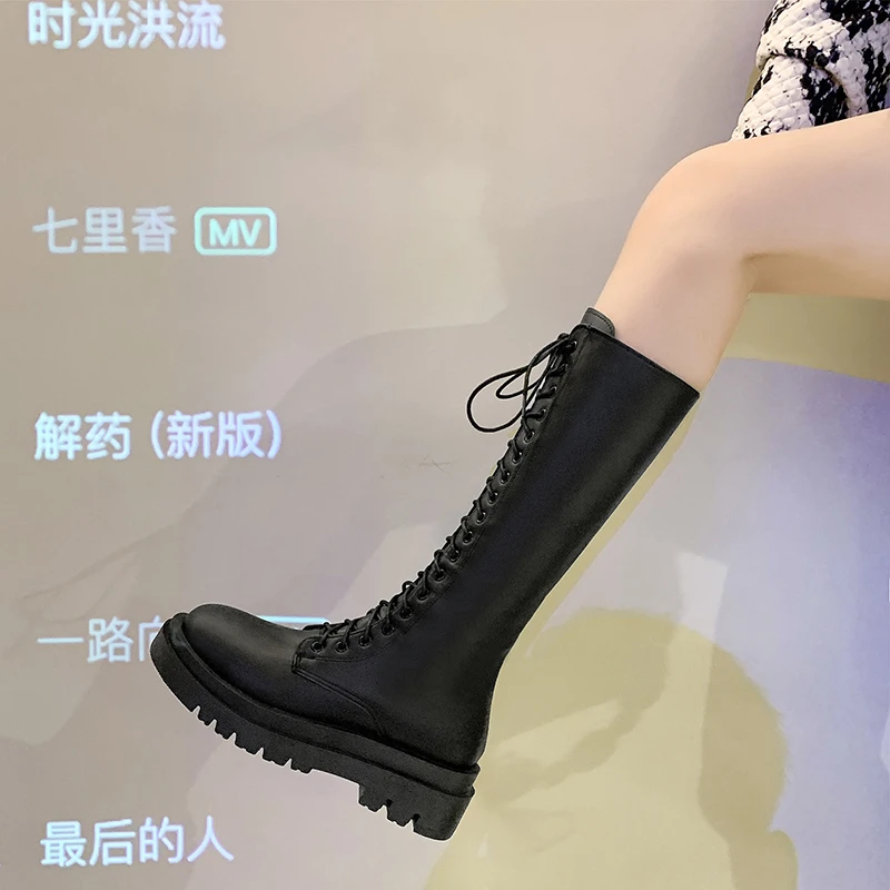 Botas altas con cordones para mujer, botines largos hasta la rodilla, tacón  cuadrado, Retro, Invierno|Botas hasta la rodilla| - AliExpress