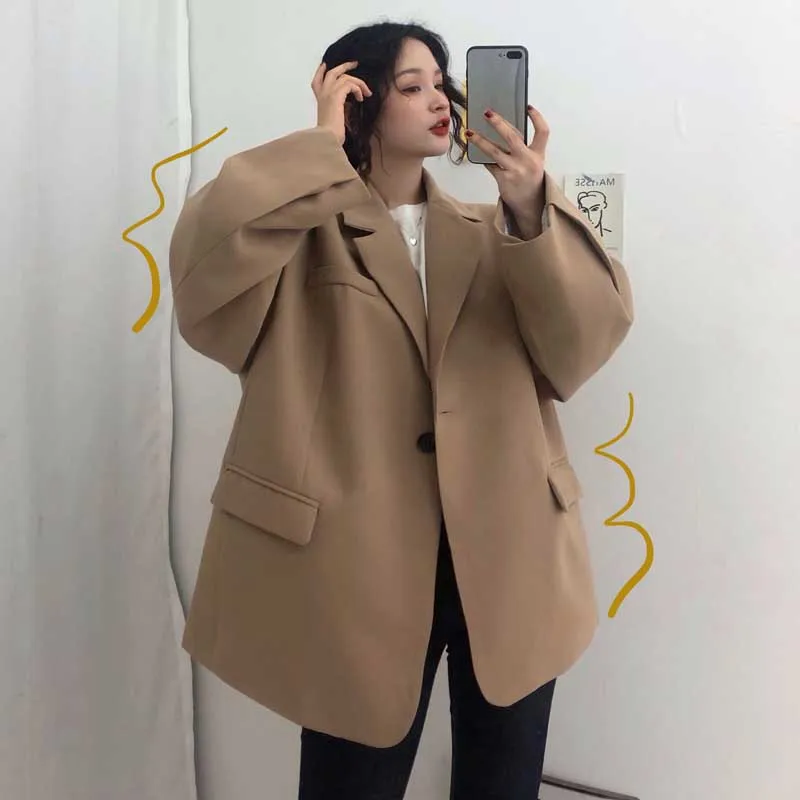 Корейский весенний модный Женский блейзер с длинным рукавом, повседневный свободный элегантный стиль, куртка на одной пуговице, топы, Женское пальто, большие размеры
