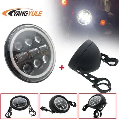 BLACK SET 5-3/4" 5.75 inch Motorcycle Moto LED Projector Halo Headlight 5.75inch Lamp Housing Bucket For Sportster 883 XL1200 Iron - Цвет: BLACK SET