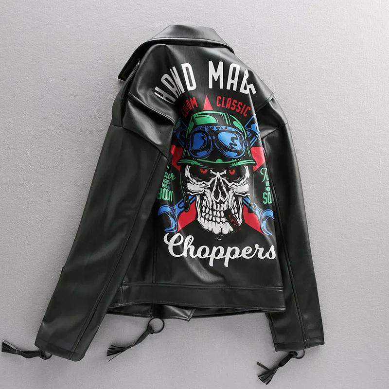 

Europe PU Faux Leather Jacket Men Long Sleeve Zipper Jacket Back Skull Print Fashion Streetwear Male Autumn Motorcycle Outerwear