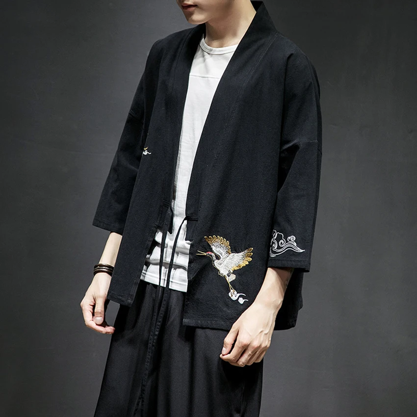Haori Crane Embroidery News Japanese Style Asian Clothes Vintage Traditional Clothing Men Women Plus Size Samurai