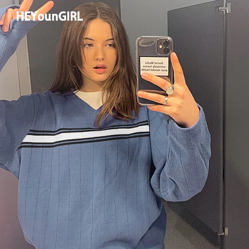 Женский свитер оверсайз HEYounGIRL в полоску с V-образным вырезом повседневный