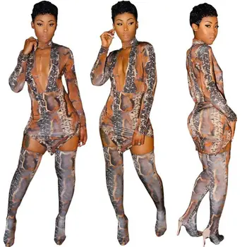 

Matching Sets for Women Outfits Ropa De Mujer Snakeskin Print Mini Bodycon Dress Thigh High Sock Women Two Piece Sets Clothing