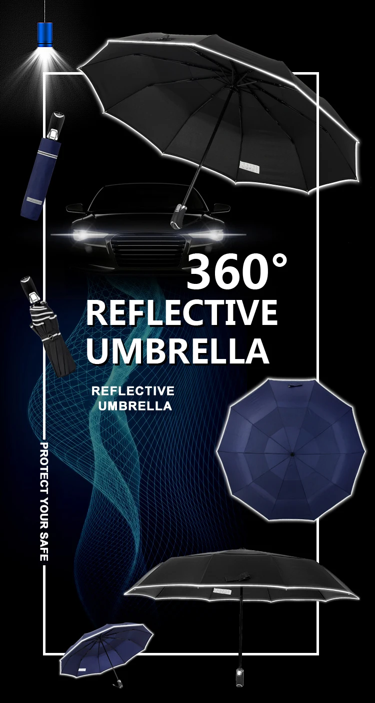 Leodaunow paraguas de viento fuerte automatico a prueba de viento 10 varillas reflectantes de doble capa