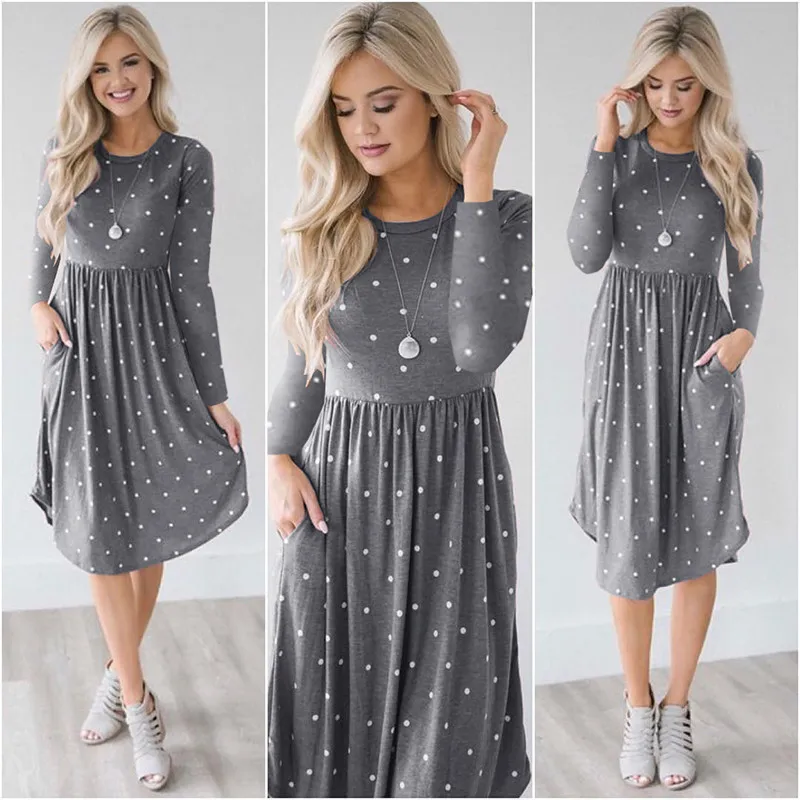 

Vestido Midi Casual Women Autumn 2019 Dot Print Long Sleeve Womens Streetwear Ladies Fashion Leisure Dress Feminino Vestidos Hot