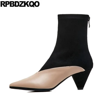 

women ankle boots medium heel pointy 2019 suede zipper designer short fall genuine leather shoes block chunky autumn pointed toe