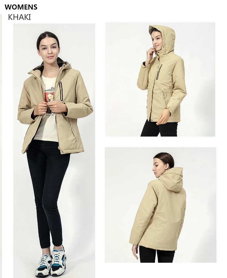 Women's waterproof hooded jacket with USB heated feature.