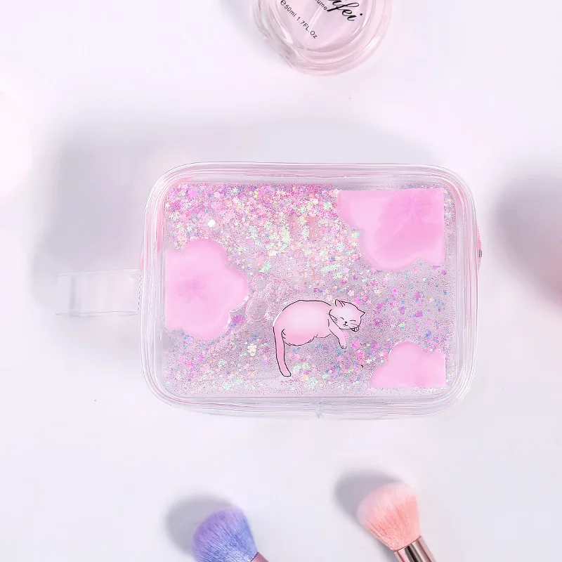 С рисунком кота из мультфильма и сверкающим узором сыпучего песка косметичка для путешествий, прозрачная косметичка на молнии, сумка для монетного кошелька, хранилище, сумочка, косметичка - Цвет: pink