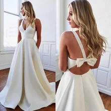 

Pure White Satin A Line Wedding Dresses Backless With Bow Bridal Gowns Deep V Neck Sleeveless Summer Cheap