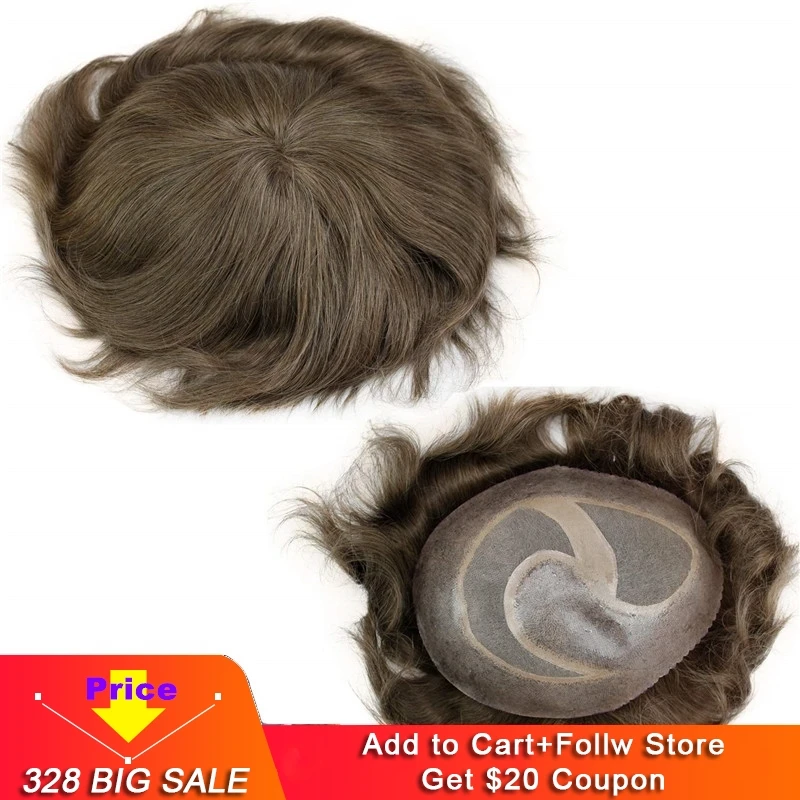 

European Virgin Human Hair Toupee For Men 10x8inch Mono Lace With PU Around Slight Wavy Men's Hairpiece Replacement System #7