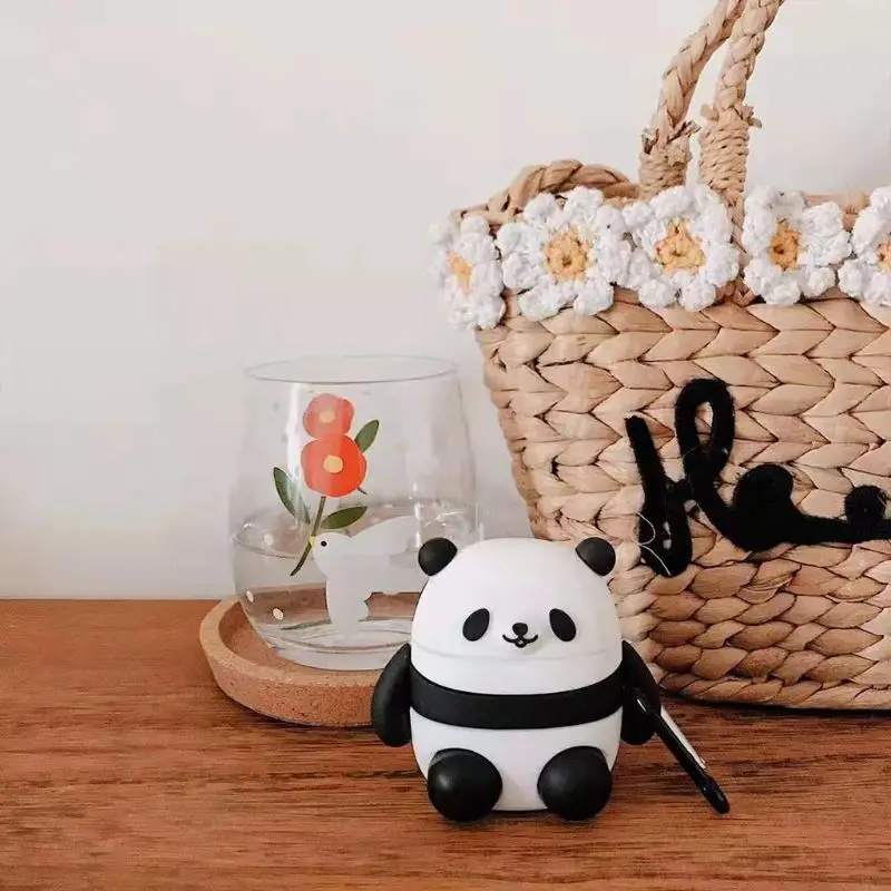 Small Cute Panda Pattern Soft Silicone Protective Case Skin Protector with Carabiner for Airpods 1/2 Charging Box Accessories