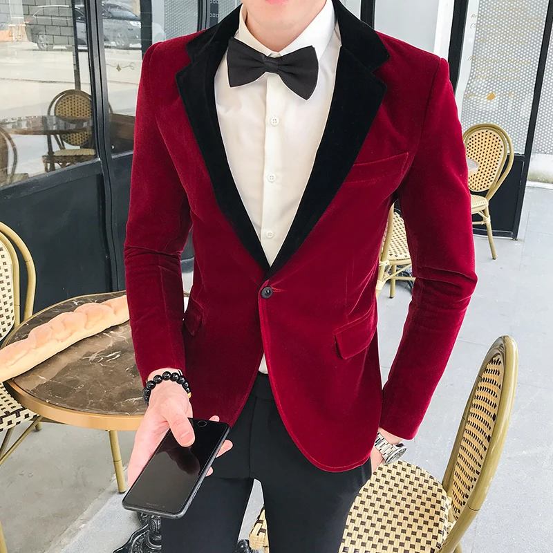 

Red Velvet Single Suit New Abrigo Casual Hombre Slim Blazers Fashion Stage Jackets Designer Mens Indian Suits