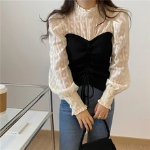 

2022 Spring Lace Blouse Women Korean Casual Fake Two-piece Ladies Tops Stitching French Drawstring Woman Shirt Blusa Feminina