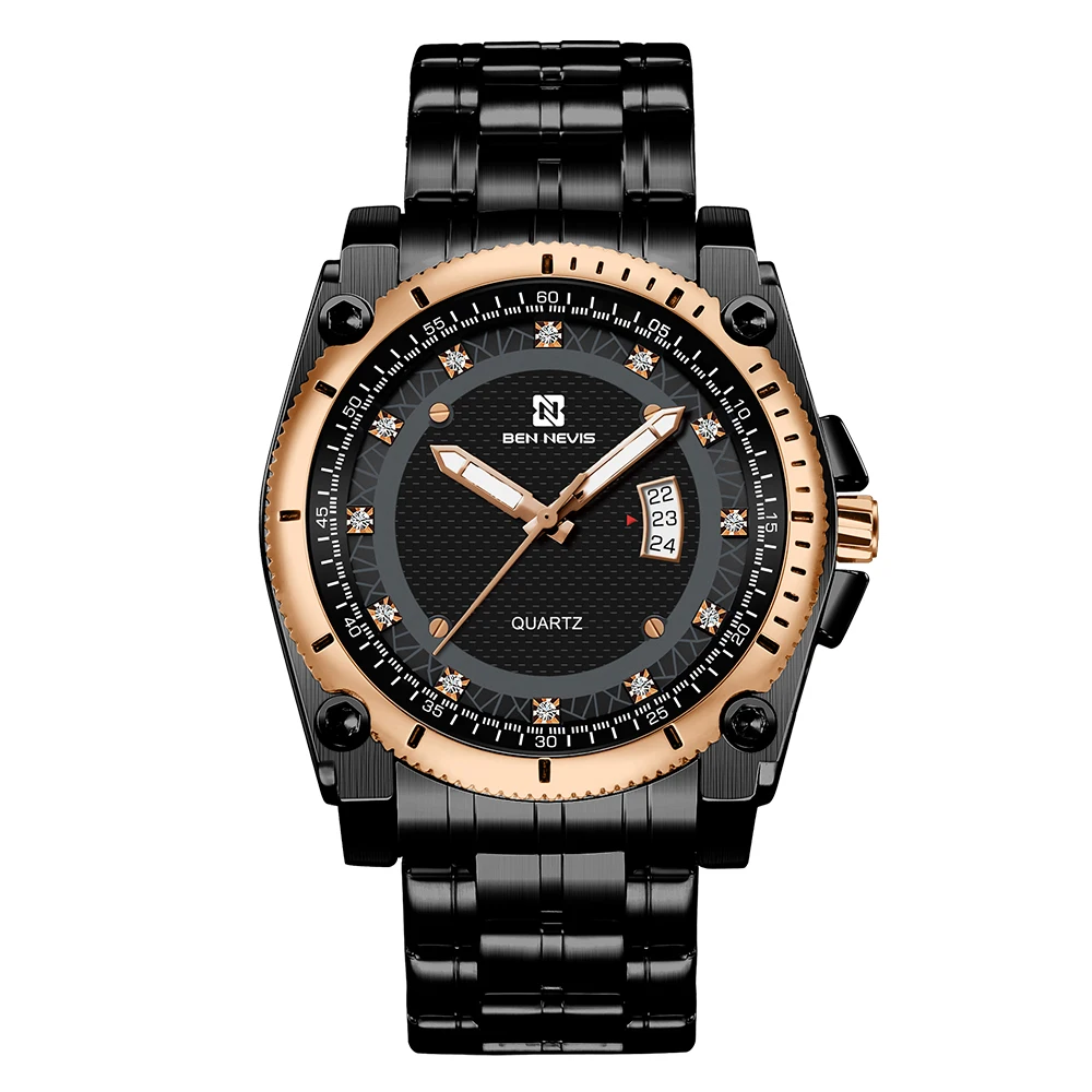 BEN NEVIS Luxury Brand Bussiness Quartz Movement Men's Wristwatch Black or Gold Stainless Steel Watch Strap Automatic Calendar