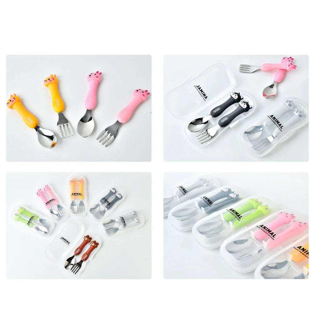 2Pcs Kids Silverware Cute Spoon Fork Travel Carry Set Children Portable Tableware Toddler Utensils Spoon Fork with Travel Case