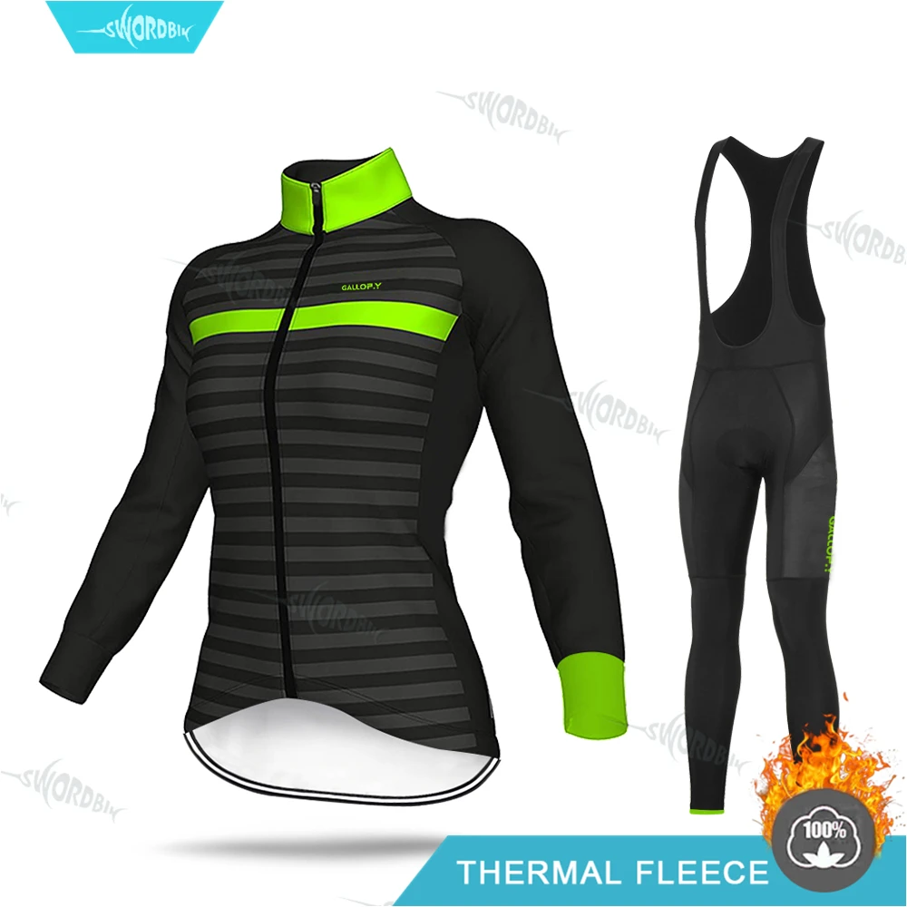 Bib Cycling Set Зимняя флисовая майка, комплект для женщин, одежда для велоспорта, одежда с длинными рукавами, профессиональная команда, для верховой езды, теплая флисовая, MTB, гелевая накладка, комплект брюк - Цвет: Bib Cycling Set