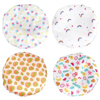 

4pcs Printed Satin Bath Hat Double Layer Sleeping Cap Waterproof Shower Cap for Ladies Adult (Assorted Color)