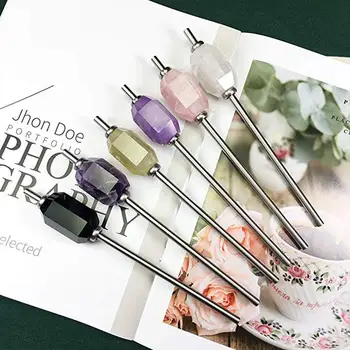 

Crystal Healing Straw Stainless Steel Reusable Rose Quartz Straws with Brush Crystal Stone Health Drinking straw energy bar #226