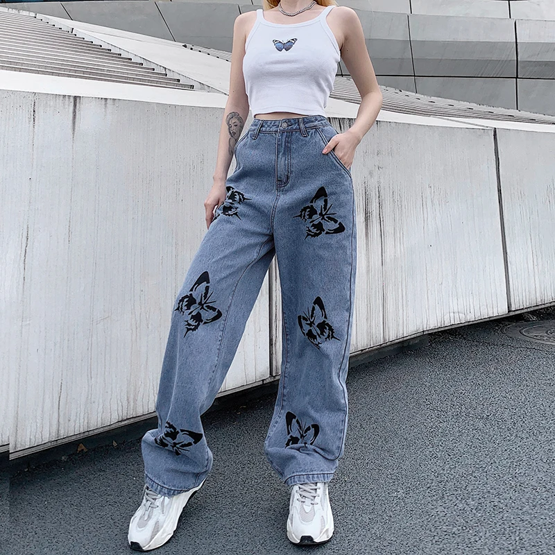 

Women's High Waisted Jeans Butterfly Print Straight Wide Leg Denim Pants Baggy Loose Casual Trousers Streetwear