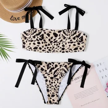 

Leopard and Striped Bandeau Bikini Sets Sexy Lace Up Padded Cups Swimsuit Two Pieces Swimwear Women 2020 Beach Bathing Suits