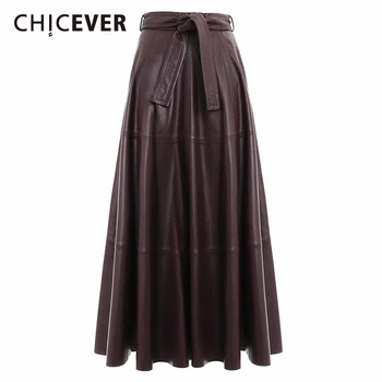

CHICEVER Korean PU Leather Women's Skirt High Waist Lace Up Solid Large Size Midi Skirts Female Spring Fashion Clothing 2020 New